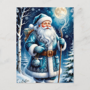 Blauwe Kerstman die door Besneeuwd Bos loopt onder Briefkaart