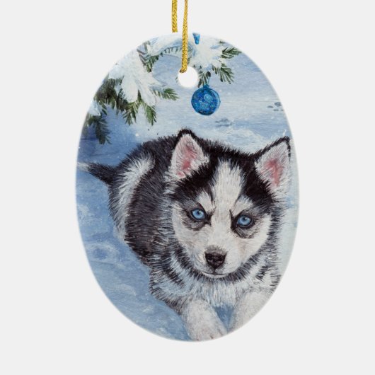 Blauwe kerstman-honkhond-pap-kerstversiering keramisch ornament (Achterkant)