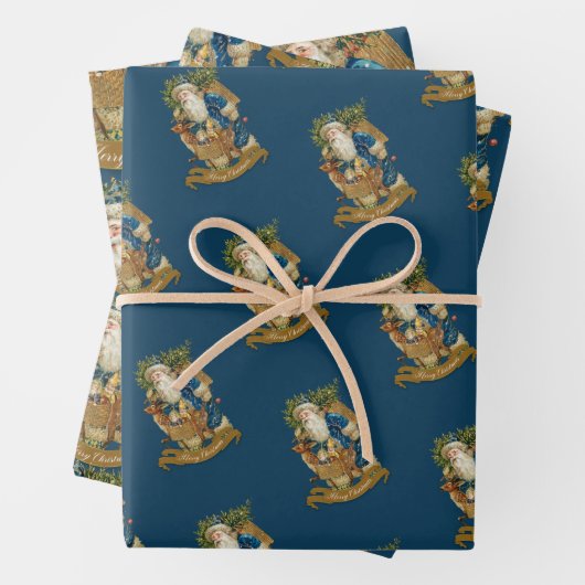 Blauwe  kerstman met kerst  inpakpapier vel (In situ)