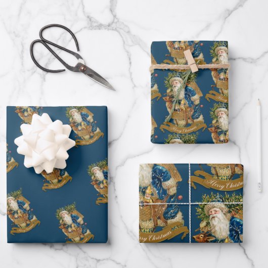 Blauwe  kerstman met kerst  inpakpapier vel (Voorkant)