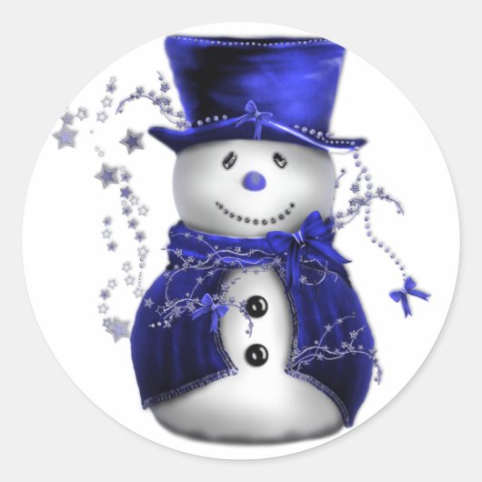 Blauwe kerstman ronde sticker (Voorkant)