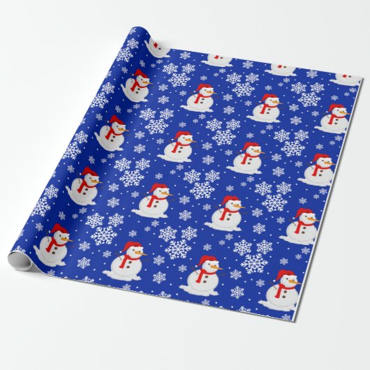 Blauwe kerstman Snowman Snowflakes Wrapppapier Cadeaupapier (Uitgerold)