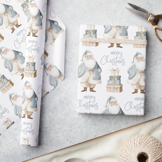 Blauwe kerstman vrolijk kerstfeest cadeaupapier