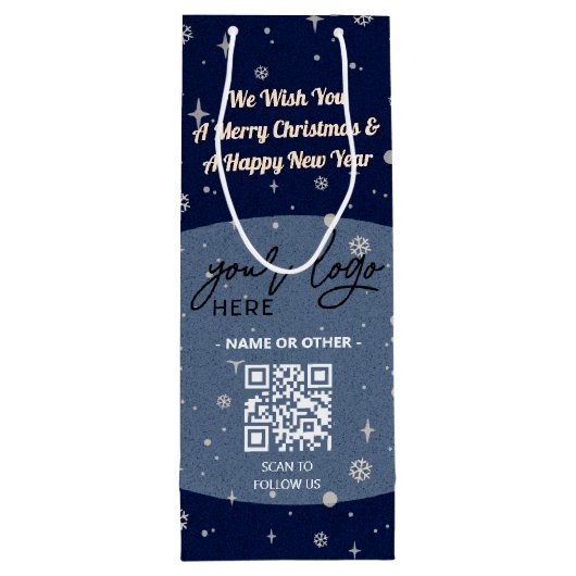 Blauwe kerstmis Business Logo QR Snowflake Wijn Cadeautas (Achterkant)