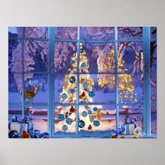Blauwe Kerstmis door het raam Poster (Voorkant)
