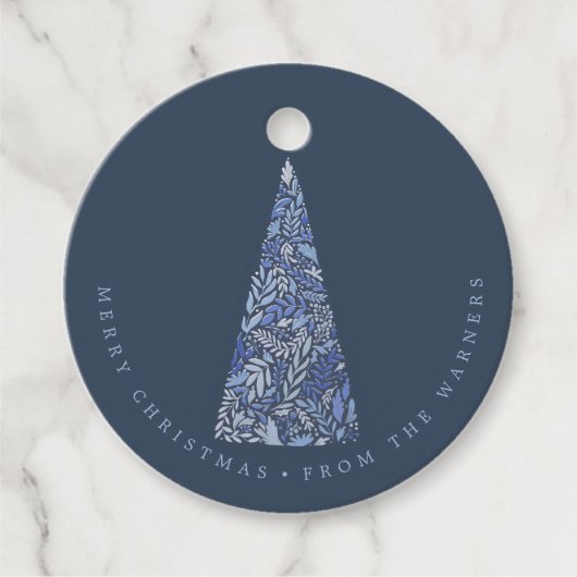 Blauwe Kerstmis en feestdag met Spruce-boom Bedankjes Labels (Voorkant)