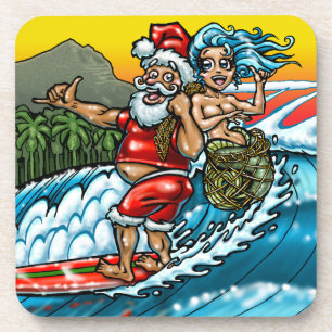 Blauwe Kerstmis Hawaiian Surfing Santa Illustratio Bier Onderzetter