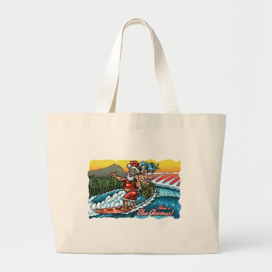 Blauwe Kerstmis Hawaiian Surfing Santa Illustratio Grote Tote Bag (Voorkant)