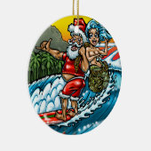 Blauwe Kerstmis Hawaiian Surfing Santa Illustratio Keramisch Ornament (Rechts)