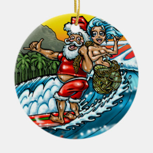 Blauwe Kerstmis Hawaiian Surfing Santa Illustratio Keramisch Ornament