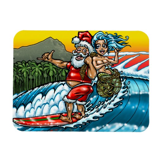 Blauwe Kerstmis Hawaiian Surfing Santa Illustratio Magneet (Horizontaal)