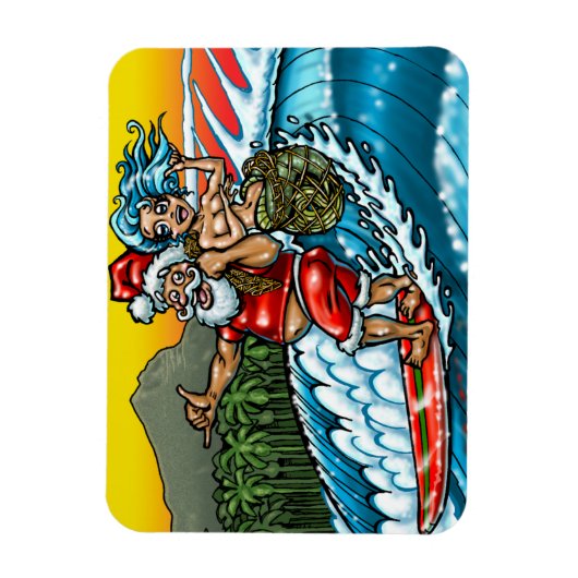 Blauwe Kerstmis Hawaiian Surfing Santa Illustratio Magneet (Verticaal)