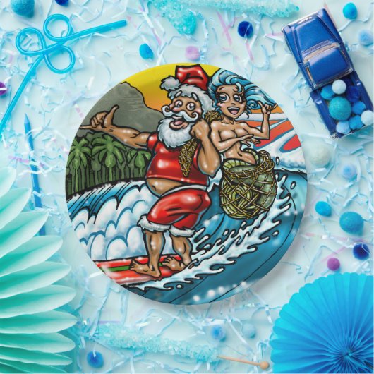 Blauwe Kerstmis Hawaiian Surfing Santa Illustratio Papieren Bordje (Feest)