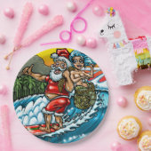 Blauwe Kerstmis Hawaiian Surfing Santa Illustratio Papieren Bordje (Feest)