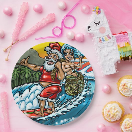 Blauwe Kerstmis Hawaiian Surfing Santa Illustratio Papieren Bordje (Feest)