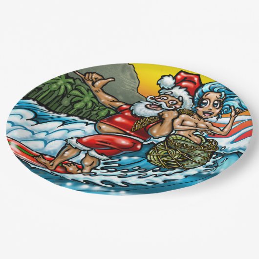 Blauwe Kerstmis Hawaiian Surfing Santa Illustratio Papieren Bordje (Gekanteld)