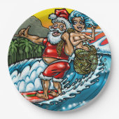 Blauwe Kerstmis Hawaiian Surfing Santa Illustratio Papieren Bordje (Voorkant)