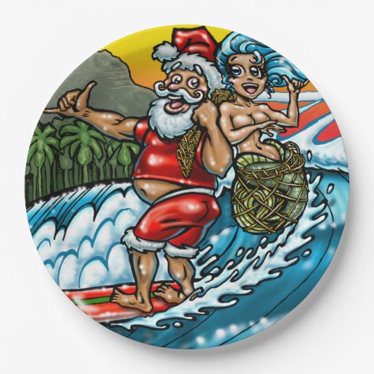 Blauwe Kerstmis Hawaiian Surfing Santa Illustratio Papieren Bordje (Voorkant)