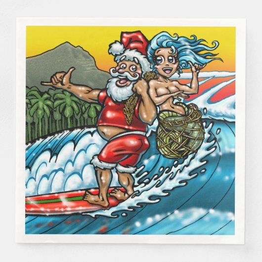 Blauwe Kerstmis Hawaiian Surfing Santa Illustratio Servetten (Voorkant)