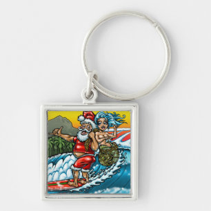 Blauwe Kerstmis Hawaiian Surfing Santa Illustratio Sleutelhanger