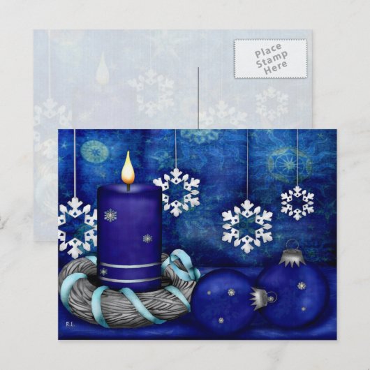 Blauwe Kerstmis van de Kaars Feestdagenkaart (Voorkant / Achterkant)