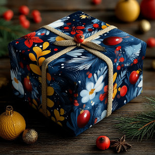 Blauwe Kerstornamenten met wit bloempatroon Cadeaupapier