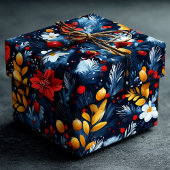 Blauwe Kerstornamenten met wit bloempatroon Cadeaupapier