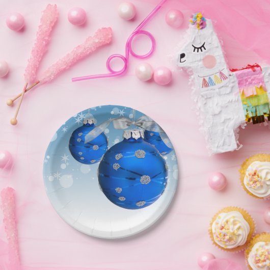 blauwe kerstsierschilfers en sneeuwvlokken papieren bordje (Feest)