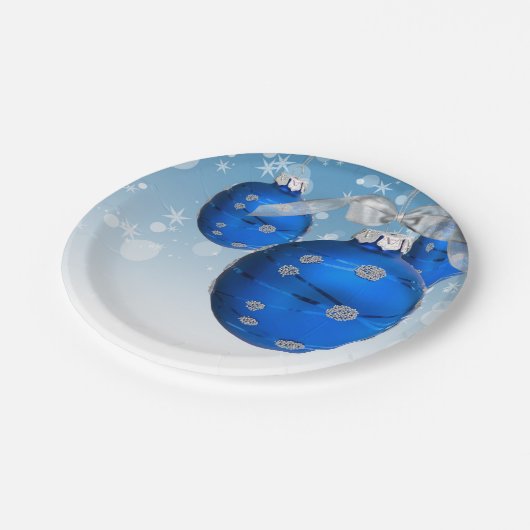 blauwe kerstsierschilfers en sneeuwvlokken papieren bordje (Gekanteld)