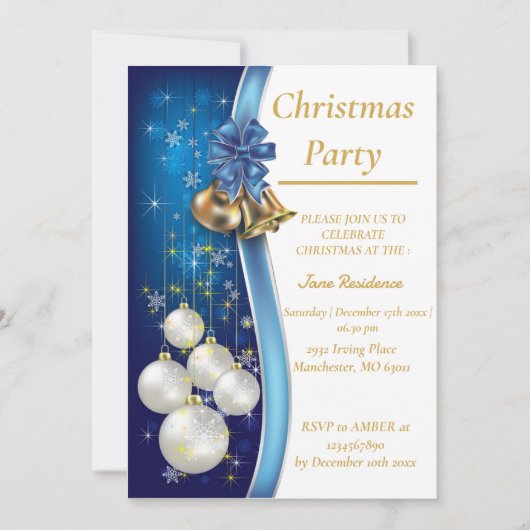 Blauwe kerstsieruitnodiging kaart (Voorkant)