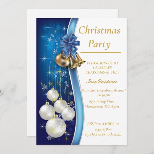 Blauwe kerstsieruitnodiging kaart (Voorkant / Achterkant)