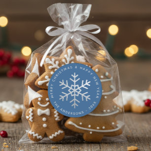 Blauwe Kerstsneeuwvlok Elegant Nep Zilver Folie Ronde Sticker
