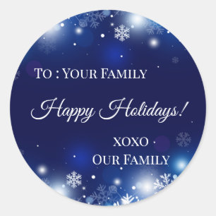 Blauwe kerstsnowflakes op maat ronde sticker