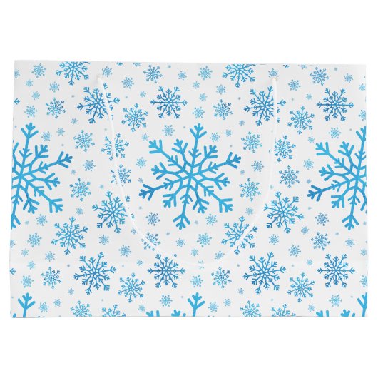  blauwe kerstsnowflakes op winterwit groot cadeauzakje (Achterkant)