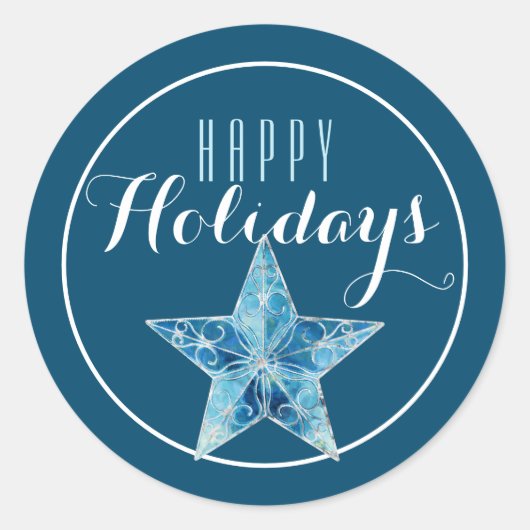 Blauwe kerstster Happy Holiday / Blue Ronde Sticker (Voorkant)