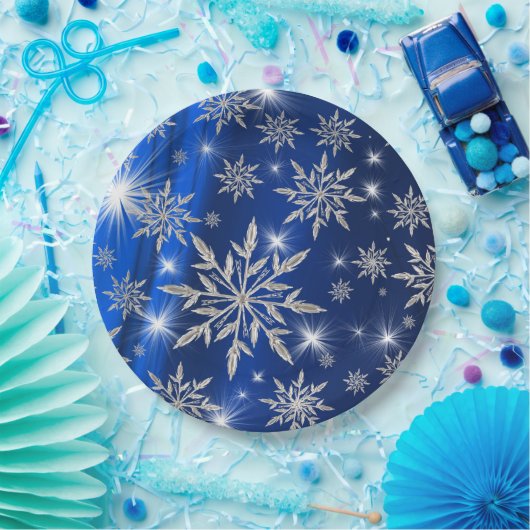 Blauwe kerststerren met witte ijskristal papieren bordje (Feest)