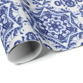 Blauwe kerststerren op wit China patroon Cadeaupapier (Rol Hoek)