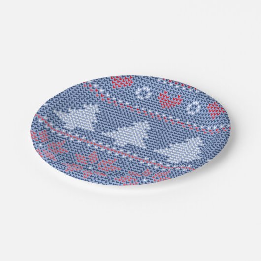 Blauwe kersttricot papieren bordje (Gekanteld)