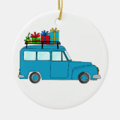 Blauwe kersttruck met geschenken keramisch ornament (Voorkant)