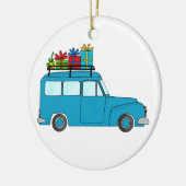 Blauwe kersttruck met geschenken keramisch ornament (Links)