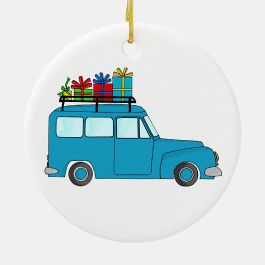 Blauwe kersttruck met geschenken keramisch ornament (Achterkant)