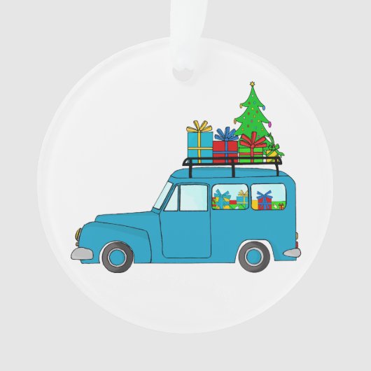 Blauwe kersttruck met geschenken ornament (voorkant)