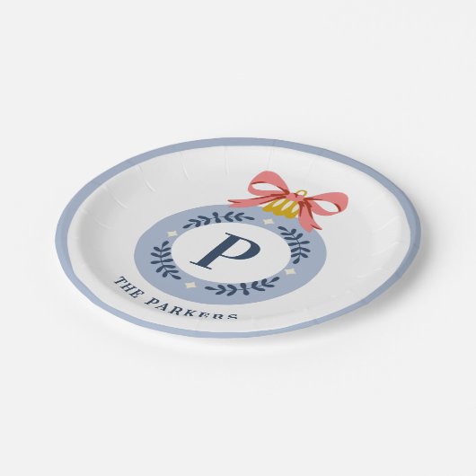 Blauwe  kerstversiering papieren bordje (Gekanteld)