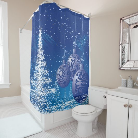 Blauwe Kerstversieringen Witte Kerstboom Douchegordijn (In situ)