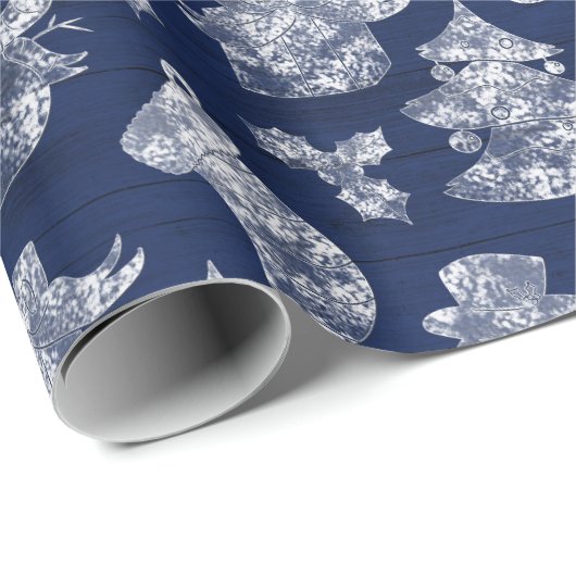 Blauwe kerstvorst Snowman Rustic Cadeaupapier (Rol Hoek)