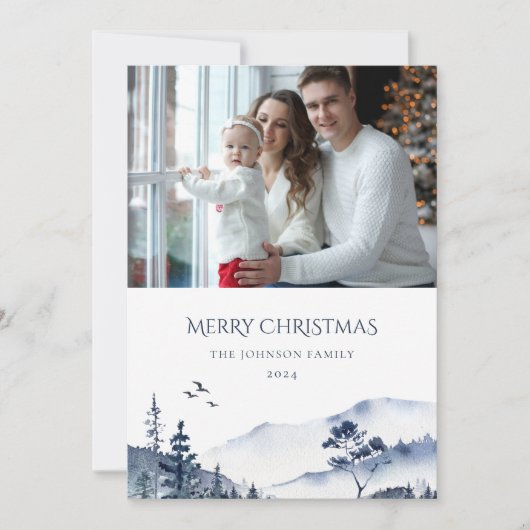 Blauwe Kerstwinter jaarlijkse familie update foto Feestdagenkaart (Voorkant)