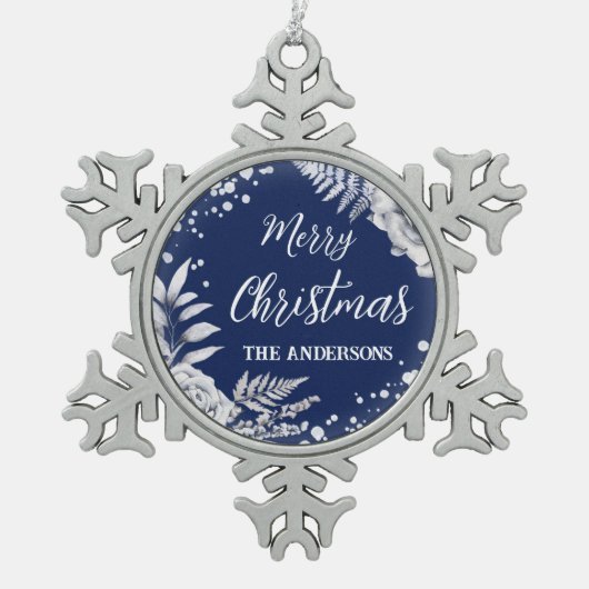 Blauwe kerstwitte bloemen tin sneeuwvlok ornament (Voorkant)