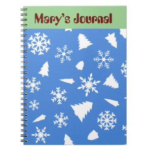 Blauwe kerstwitte sneeuwvlokken en boom notitieboek