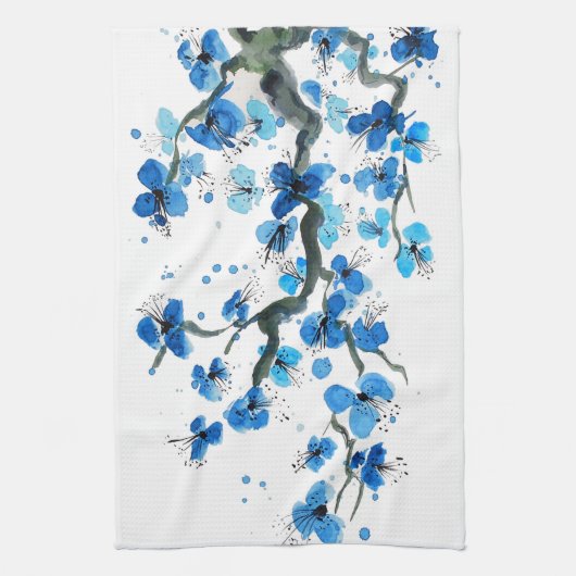 Blauwe keukenhanddoek van Japanse bloesems (Verticaal)