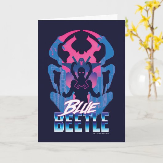 Blauwe kever retrowave versus grafisch kaart (Gele Bloem)